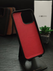 Premium Black Leather iPhone Case – Red Stitch | ZINOSKINS