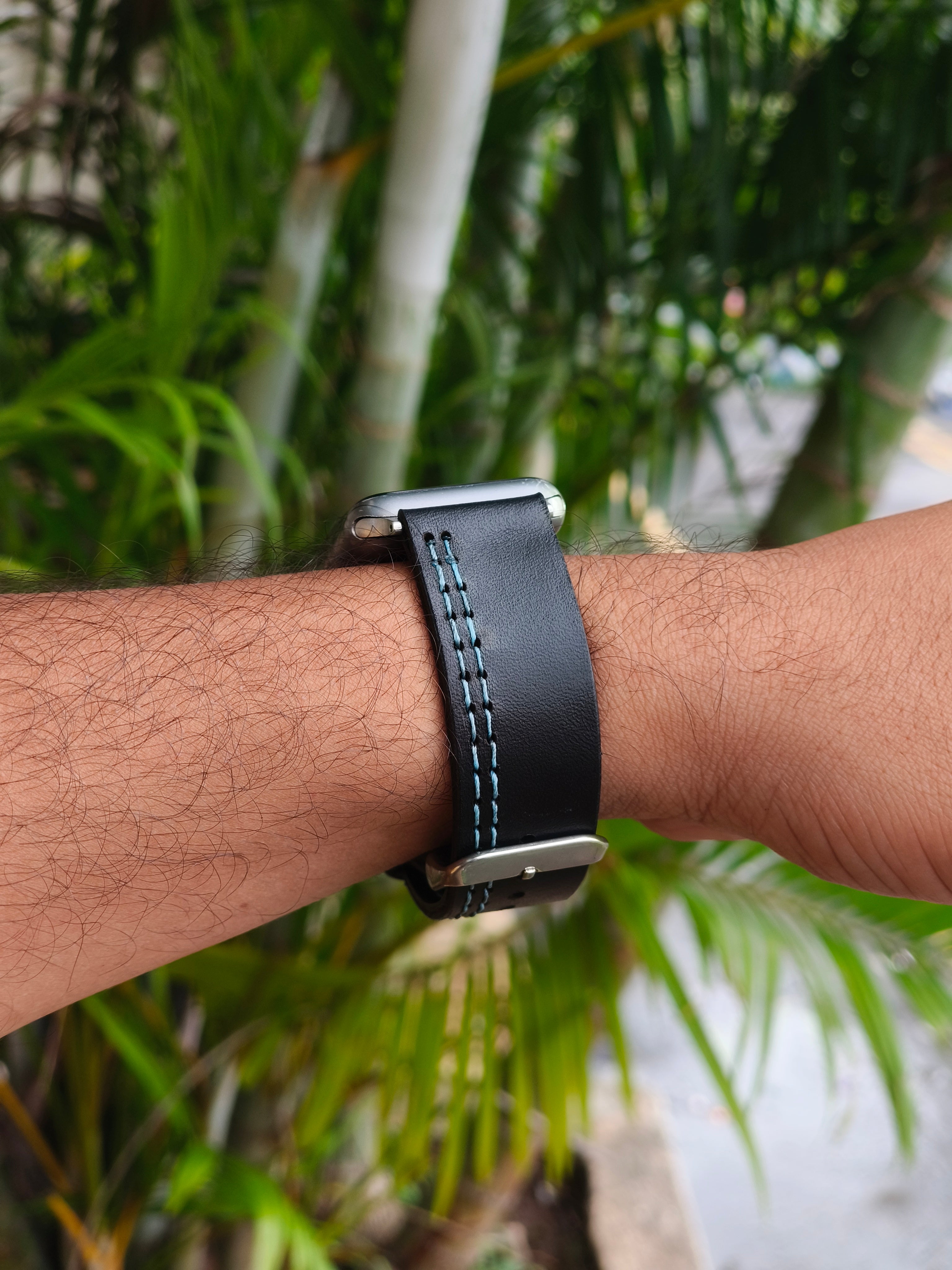 Zinoskins Parallel Stitch (Blue Thread) Premium Black 100 % Real Leather Strap Compatible for Apple Watch – Sleek. Smart. Stylish.
