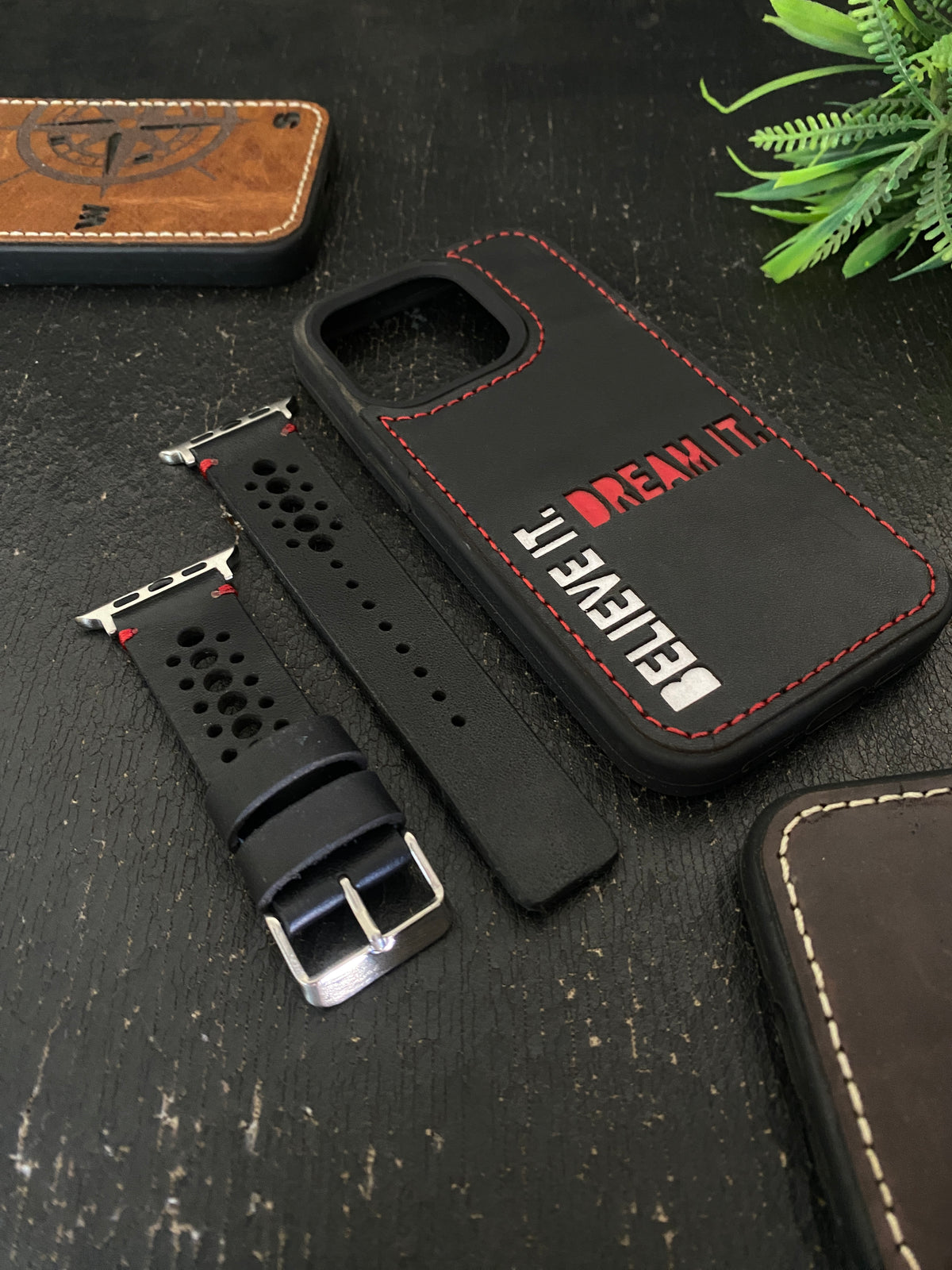 Black Leather Red N Band Style Straps for Apple Watch + Same Color Dream it Believe it Leather Case for Iphone All Models | ZINOSKINS
