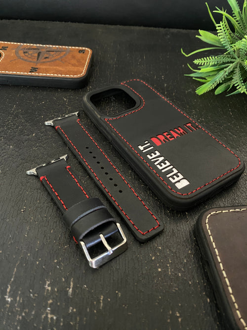 Black Leather Red Full Stitch Style Straps for Apple Watch + Same Color Dream it Believe it Leather Case for Iphone All Models | ZINOSKINS