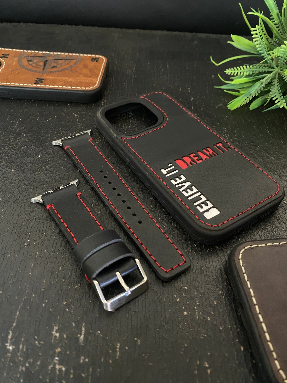 Black Leather Red Full Stitch Style Straps for Apple Watch + Same Color Dream it Believe it Leather Case for Iphone All Models | ZINOSKINS