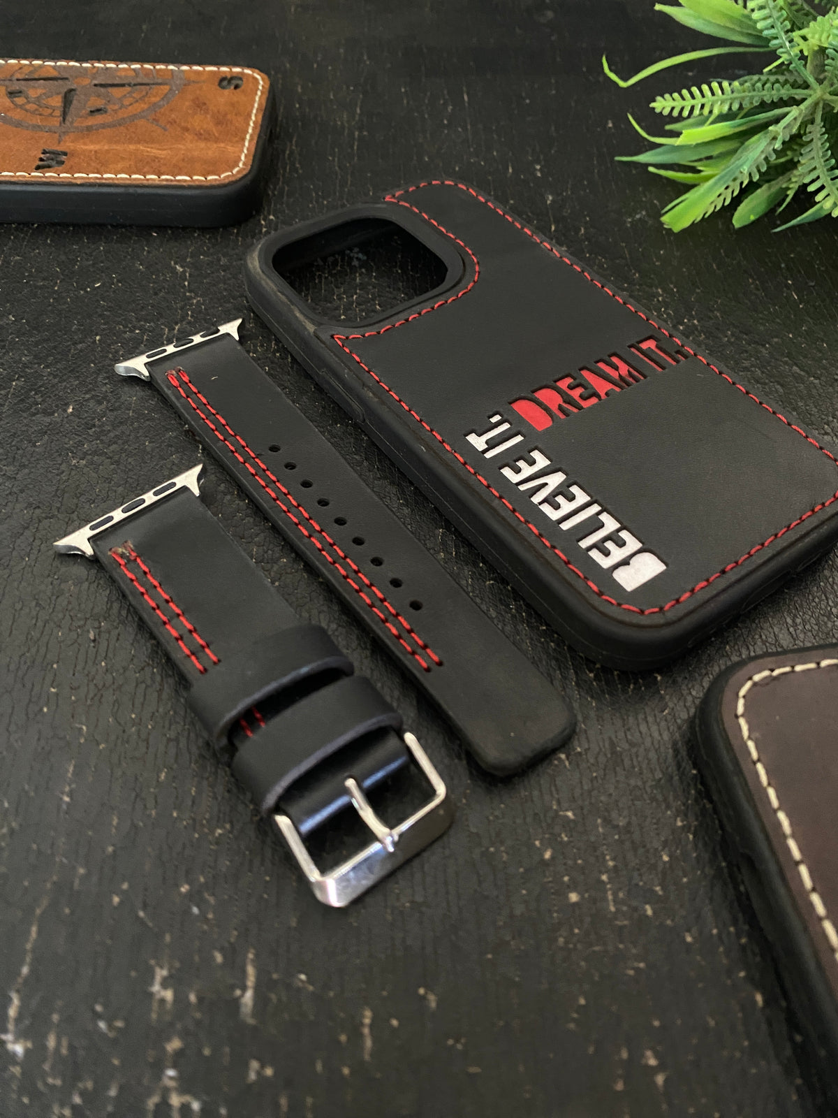 Black Leather Red Parallel Stitch Style Straps for Apple Watch + Same Color Dream it Believe it Leather Case for Iphone All Models | ZINOSKINS