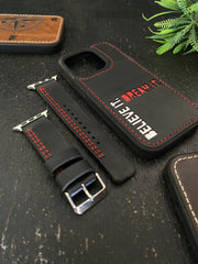 Black Leather Red Parallel Stitch Style Straps for Apple Watch + Same Color Dream it Believe it Leather Case for Iphone All Models | ZINOSKINS