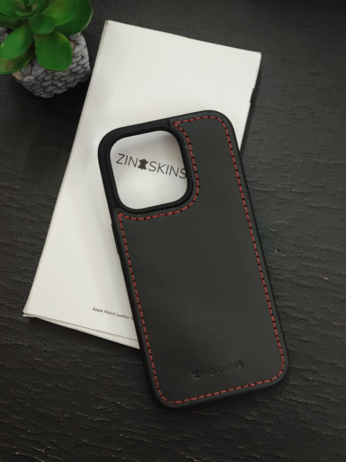 Premium Black Leather iPhone Case – Red Stitch | ZINOSKINS