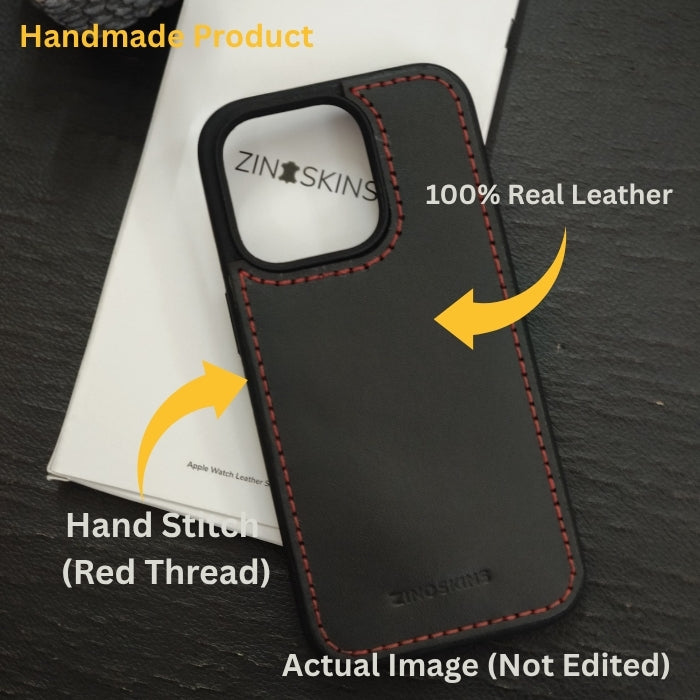 Premium Black Leather iPhone Case – Red Stitch | ZINOSKINS