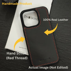 Premium Black Leather iPhone Case – Red Stitch | ZINOSKINS