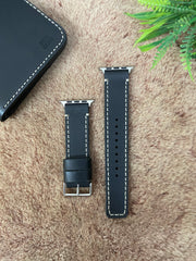 Black Leather White Full Stitch Style Straps for Apple Watch + Same Color Never Give Up Mode Style Art Leather Case for Iphone All Models | ZINOSKINS
