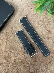 Black Leather White Full Stitch Style Straps for Apple Watch + Same Color Never Give Up Mode Style Art Leather Case for Iphone All Models | ZINOSKINS