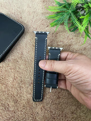Black Leather White Full Stitch Style Straps for Apple Watch + Same Color Never Give Up Mode Style Art Leather Case for Iphone All Models | ZINOSKINS