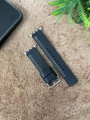 Black Leather White Parallel Stitch Style Straps for Apple Watch + Same Color Never Give Up Mode Style Art Leather Case for Iphone All Models | ZINOSKINS