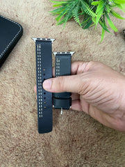 Black Leather White Parallel Stitch Style Straps for Apple Watch + Same Color Never Give Up Mode Style Art Leather Case for Iphone All Models | ZINOSKINS