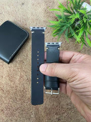 Black Leather White Simple Stitch Style Straps for Apple Watch + Same Color Never Give Up Mode Style Art Leather Case for Iphone All Models | ZINOSKINS