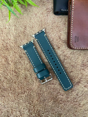 COMBO Bottle Green Leather Strap Full Stitch Style Band for Apple Watch + Same Color Leather Wallet Handmade | ZINOSKINS