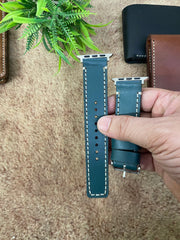 COMBO Bottle Green Leather Strap Full Stitch Style Band for Apple Watch + Same Color Leather Wallet Handmade | ZINOSKINS