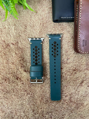 COMBO Bottle Green Leather Strap N Band Style Band for Apple Watch + Same Color Leather Wallet Handmade | ZINOSKINS