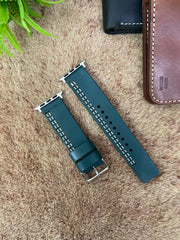 COMBO Bottle Green Leather Strap Parallel Style Band for Apple Watch + Same Color Leather Wallet Handmade | ZINOSKINS