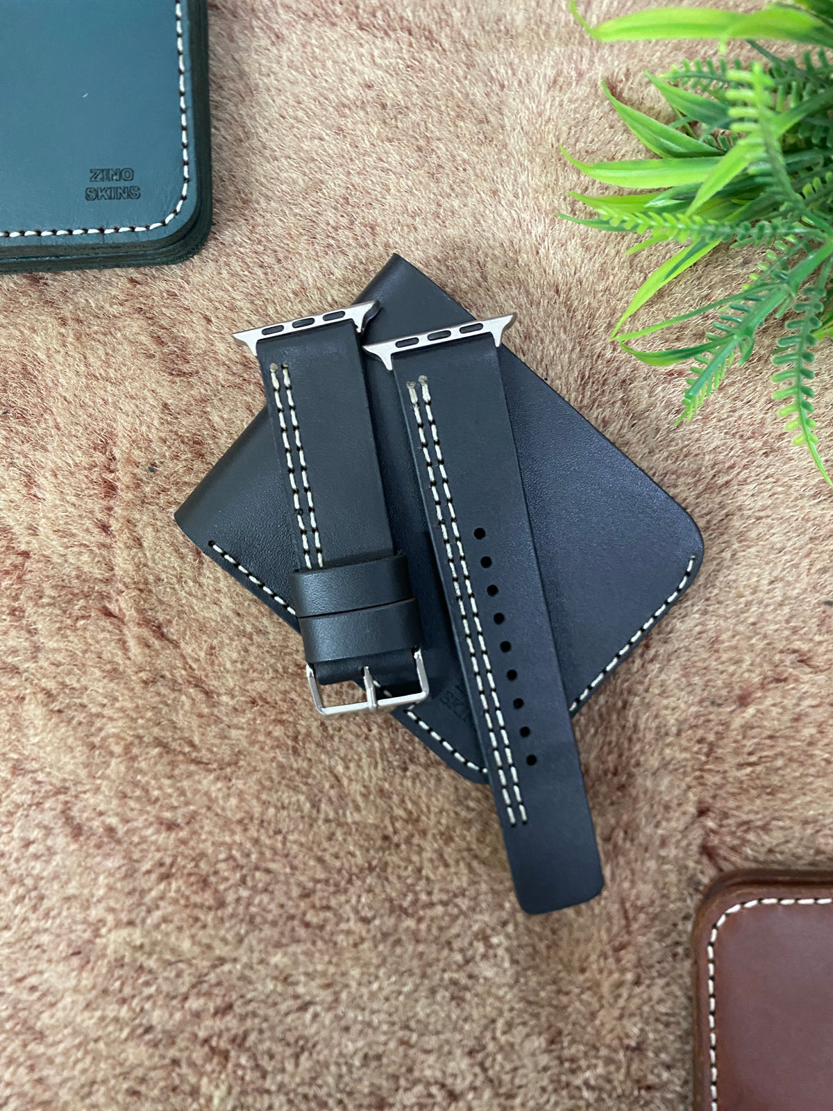 COMBO Black Leather Strap Parallel Style Band for Apple Watch + Same Color Leather Wallet Handmade | ZINOSKINS