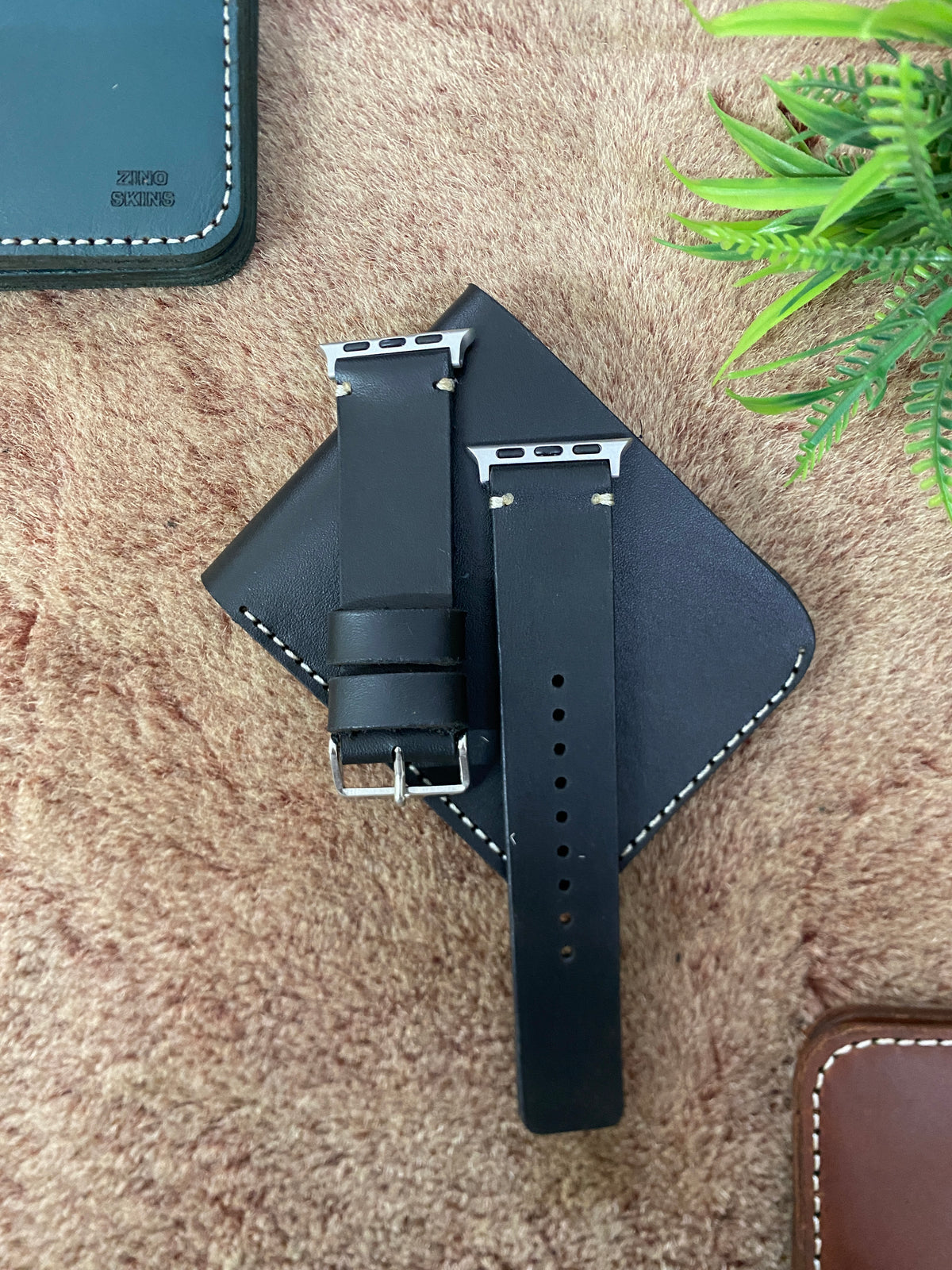 COMBO Black Leather Strap Simple Style Band for Apple Watch + Same Color Leather Wallet Handmade | ZINOSKINS