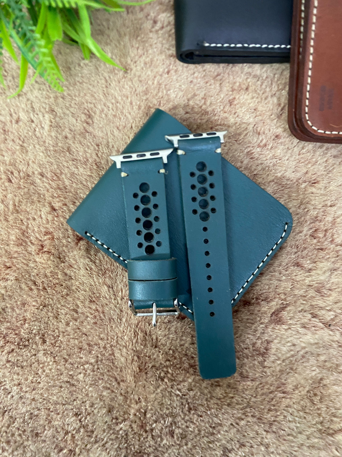 COMBO Bottle Green Leather Strap N Band Style Band for Apple Watch + Same Color Leather Wallet Handmade | ZINOSKINS