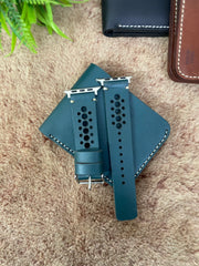COMBO Bottle Green Leather Strap N Band Style Band for Apple Watch + Same Color Leather Wallet Handmade | ZINOSKINS