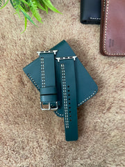 COMBO Bottle Green Leather Strap Parallel Style Band for Apple Watch + Same Color Leather Wallet Handmade | ZINOSKINS