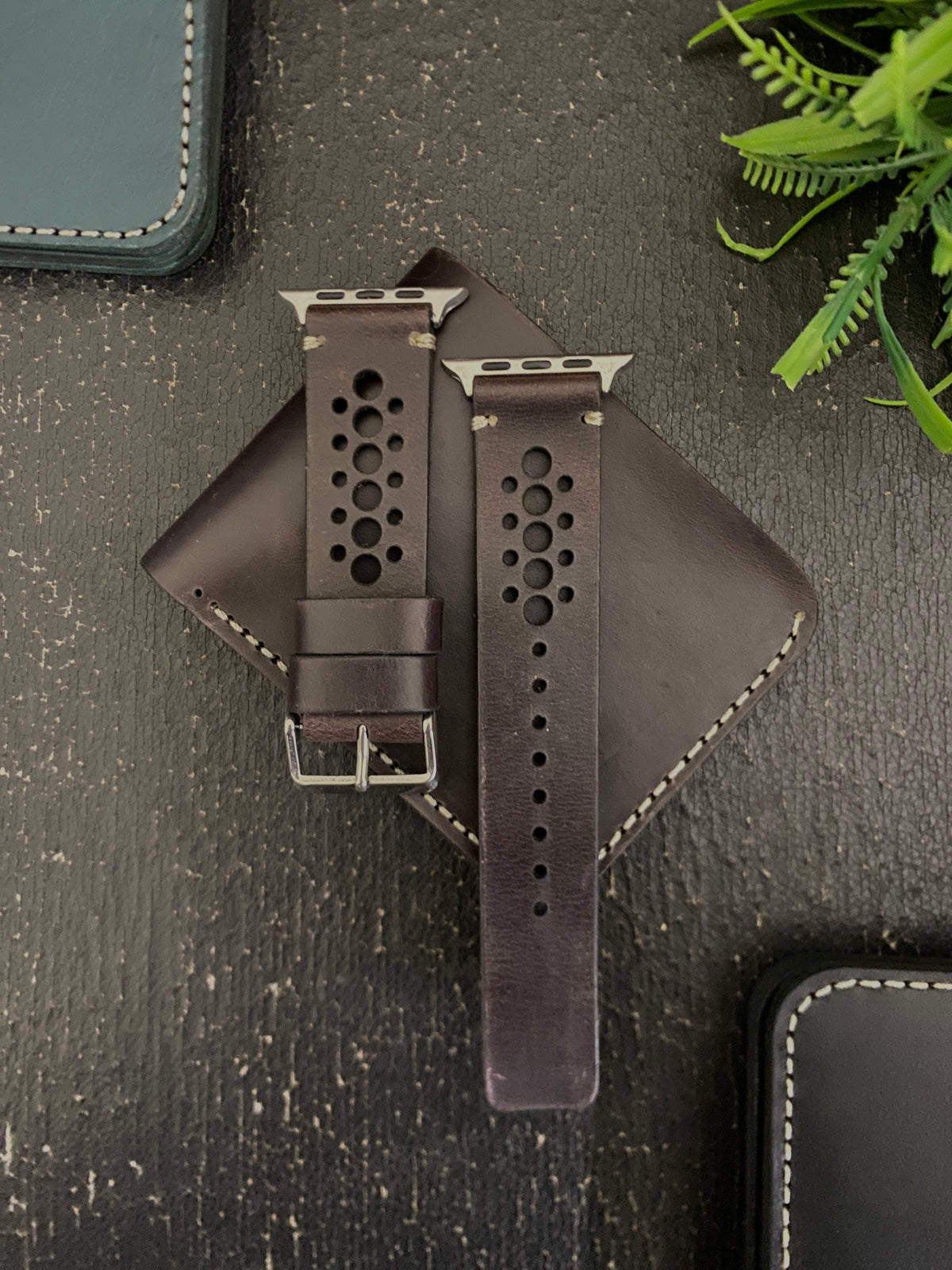 COMBO Darkest Brown Leather Strap N Band Style Band for Apple Watch + Same Color Leather Wallet Handmade | ZINOSKINS