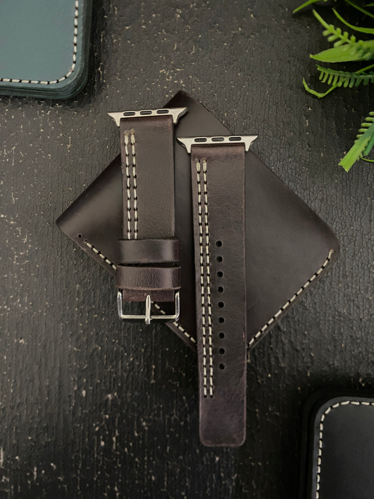 COMBO Darkest Brown Leather Strap Parallel Style Band for Apple Watch + Same Color Leather Wallet Handmade | ZINOSKINS