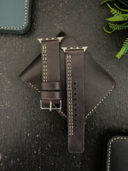 COMBO Darkest Brown Leather Strap Parallel Style Band for Apple Watch + Same Color Leather Wallet Handmade | ZINOSKINS