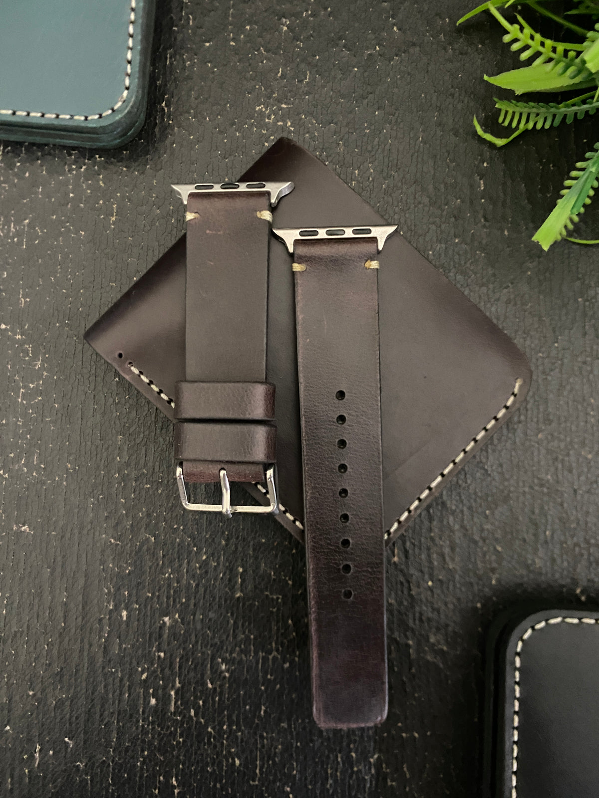 COMBO Darkest Brown Leather Strap Simple Style Band for Apple Watch + Same Color Leather Wallet Handmade | ZINOSKINS