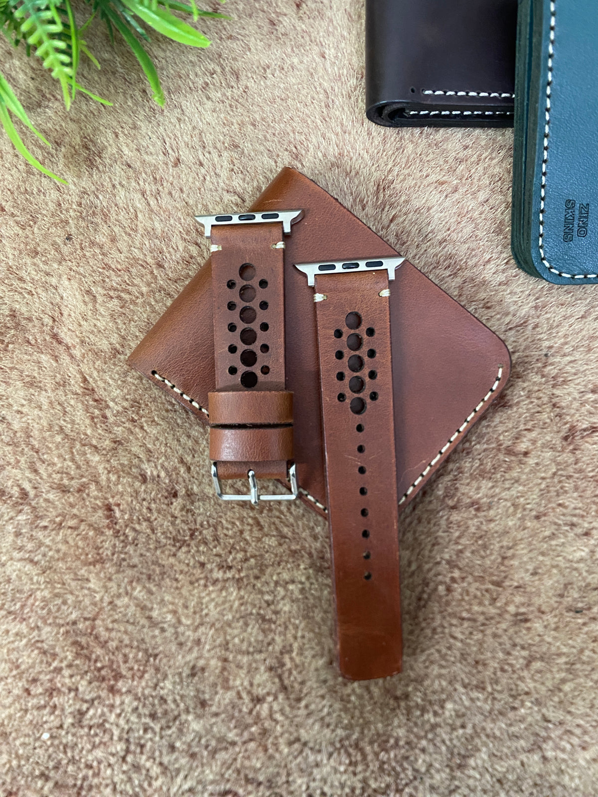 COMBO Tan Leather Strap N Band Style Band for Apple Watch + Same Color Leather Wallet Handmade | ZINOSKINS