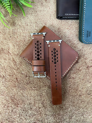 COMBO Tan Leather Strap N Band Style Band for Apple Watch + Same Color Leather Wallet Handmade | ZINOSKINS