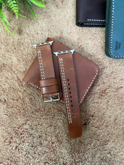 COMBO Tan Color Leather Strap Parallel Style Band for Apple Watch + Same Color Leather Wallet Handmade | ZINOSKINS