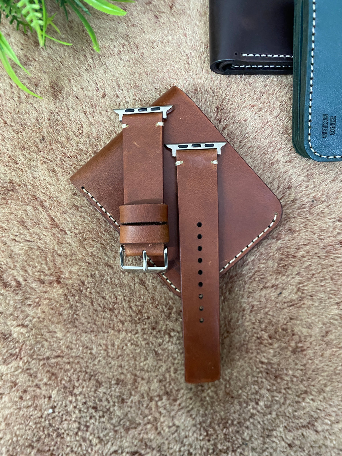 COMBO Tan Color Leather Strap Simple Style Band for Apple Watch + Same Color Leather Wallet Handmade | ZINOSKINS