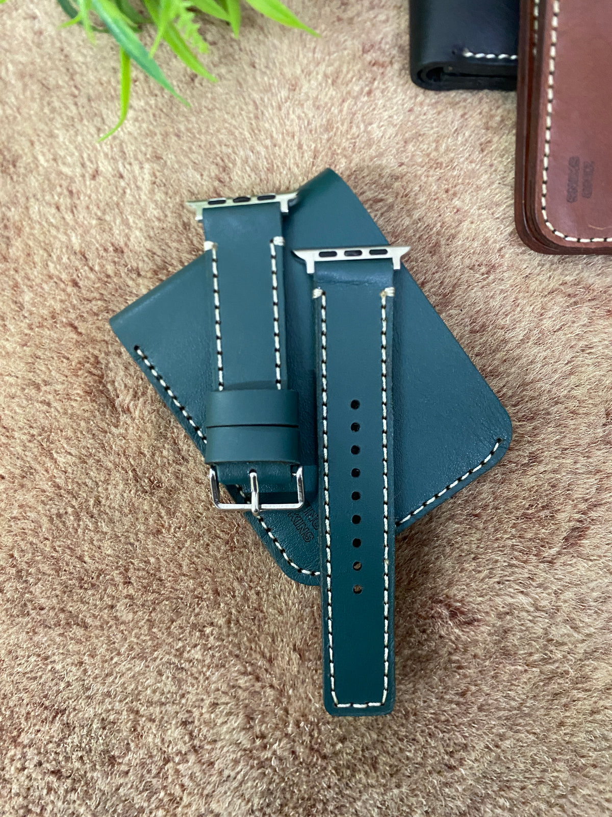 COMBO Bottle Green Leather Strap Full Stitch Style Band for Apple Watch + Same Color Leather Wallet Handmade | ZINOSKINS