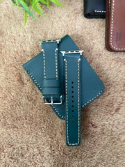 COMBO Bottle Green Leather Strap Full Stitch Style Band for Apple Watch + Same Color Leather Wallet Handmade | ZINOSKINS