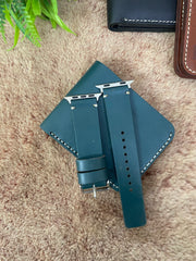 COMBO Bottle Green Leather Strap Simple Style Band for Apple Watch + Same Color Leather Wallet Handmade | ZINOSKINS