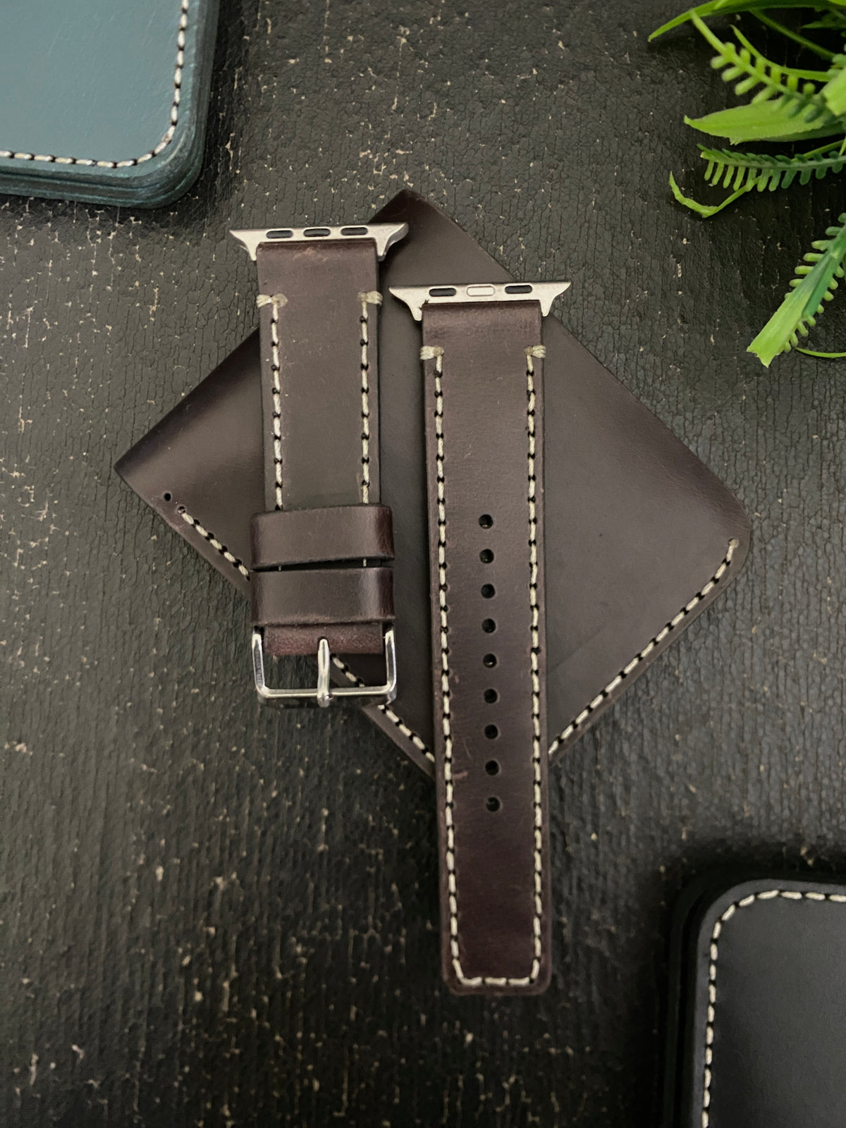 COMBO Darkest Brown Leather Strap Full Stitch Style Band for Apple Watch + Same Color Leather Wallet Handmade | ZINOSKINS