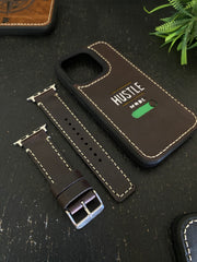 Dark Brown Leather Full Stitch Style Straps for Apple Watch + Same Color Hustle Mode On Style Art Leather Case for Iphone All Models | ZINOSKINS
