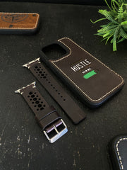 Dark Brown Leather N Band Style Straps for Apple Watch + Same Color Hustle Mode On Style Art Leather Case for Iphone All Models | ZINOSKINS