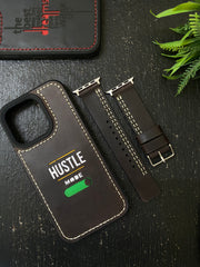 Dark Brown Leather Parallel Stitch Style Straps for Apple Watch + Same Color Hustle Mode Style Art Leather Case for Iphone All Models | ZINOSKINS