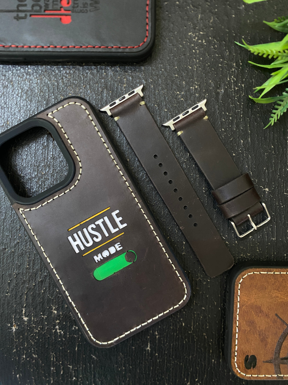 Dark Brown Leather Simple Style Straps for Apple Watch + Same Color Hustle Mode Style Art Leather Case for Iphone All Models | ZINOSKINS