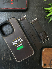 Dark Brown Leather Simple Style Straps for Apple Watch + Same Color Hustle Mode Style Art Leather Case for Iphone All Models | ZINOSKINS