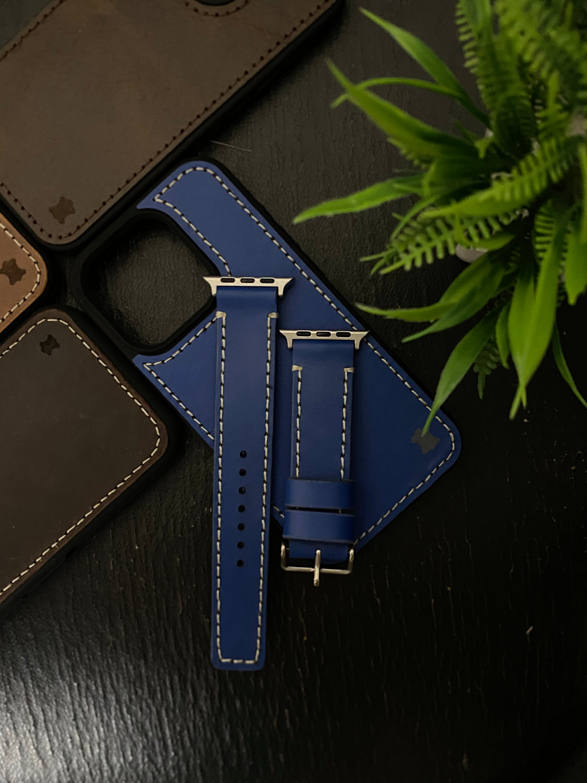 Blue Leather Straps for Apple Watch + Tan Leather Case For Iphone All Models | ZINOSKINS