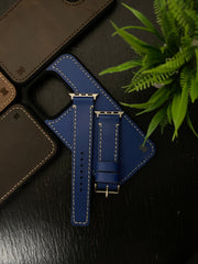 Blue Leather Straps for Apple Watch + Tan Leather Case For Iphone All Models | ZINOSKINS