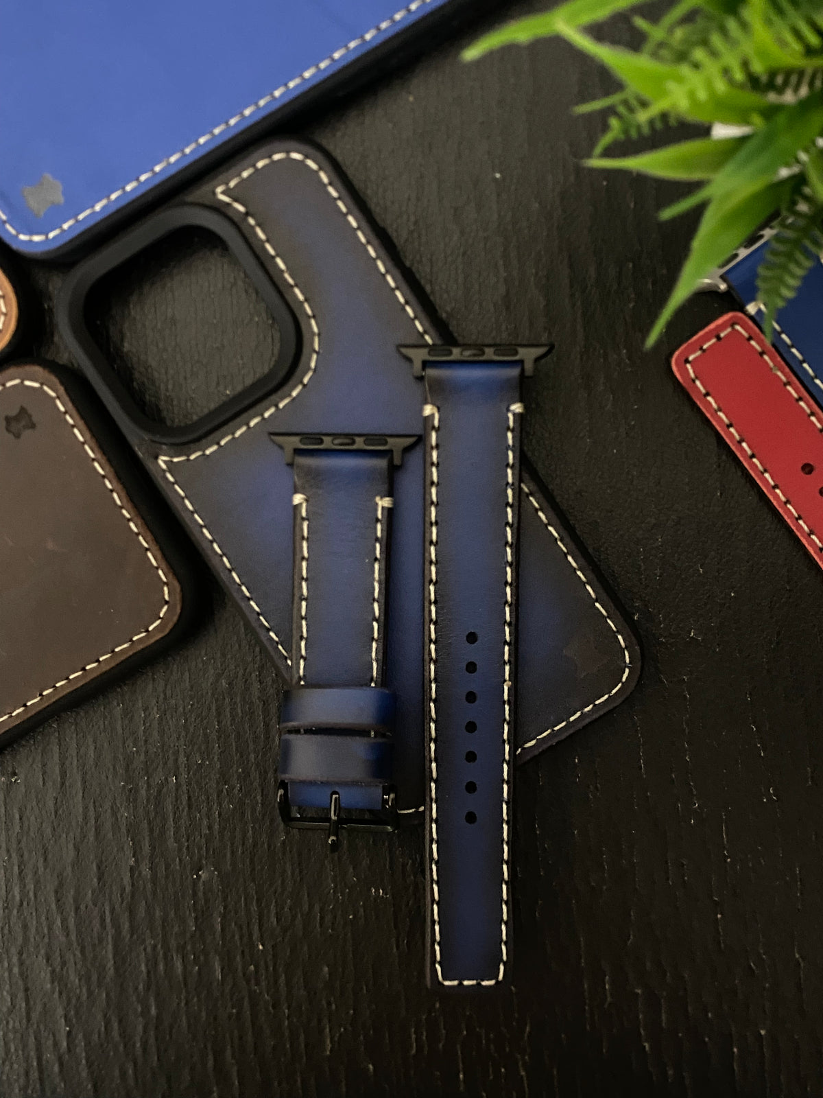 Blue Edge Tone Leather Straps for Apple Watch + Tan Leather Case For Iphone All Models | ZINOSKINS
