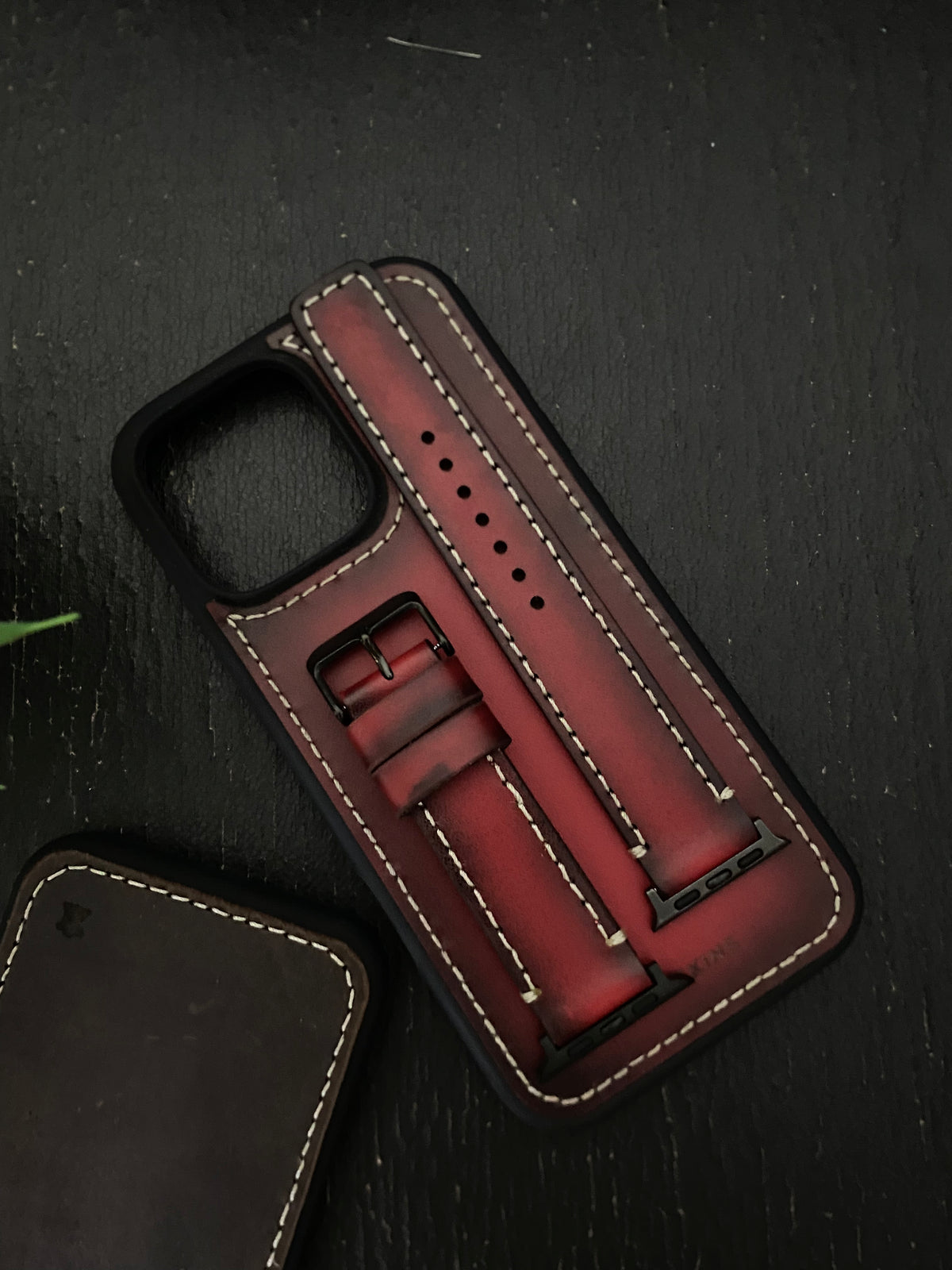 Red Edge Tone Leather With Ivory Thread Full Stitch Style Straps for Apple Watch + Same Color Leather Case For Iphone All Models | ZINOSKINS