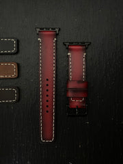 Red Edge Tone Leather With Ivory Thread Full Stitch Style Straps for Apple Watch + Same Color Leather Case For Iphone All Models | ZINOSKINS
