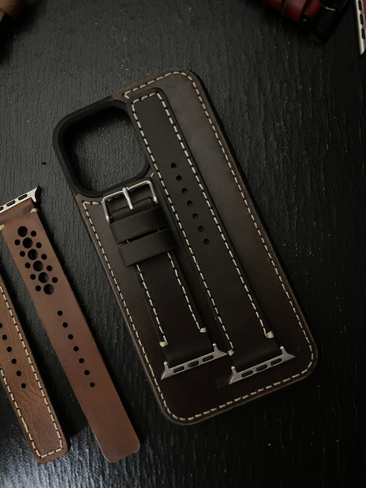 Dark Brown Leather Straps for Apple Watch + Dark Brown Leather Case For Iphone All Models | ZINOSKINS