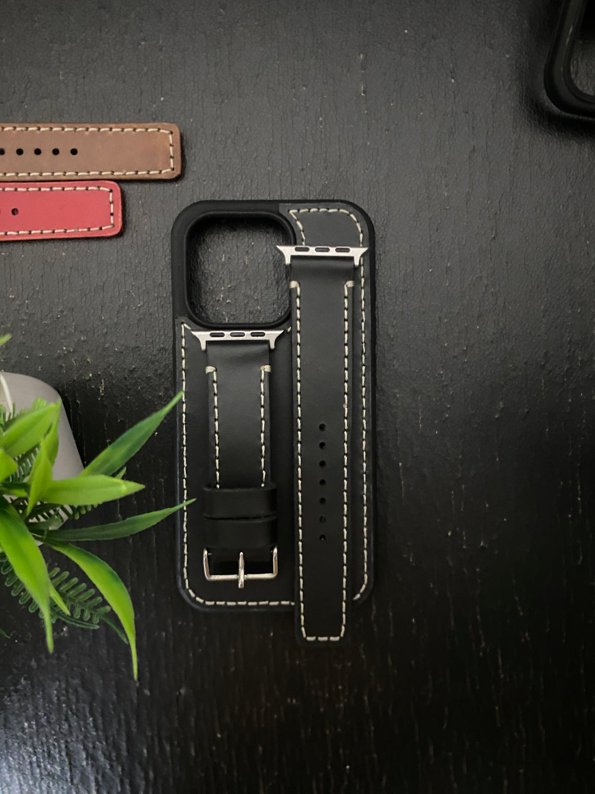 Black Leather Ivory Thread Full Stitch Style Straps for Apple Watch + Black Leather Ivory Thread Case Combo For Iphone All Models | ZINOSKINS