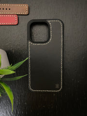 Black Leather Ivory Thread Full Stitch Style Straps for Apple Watch + Black Leather Ivory Thread Case Combo For Iphone All Models | ZINOSKINS